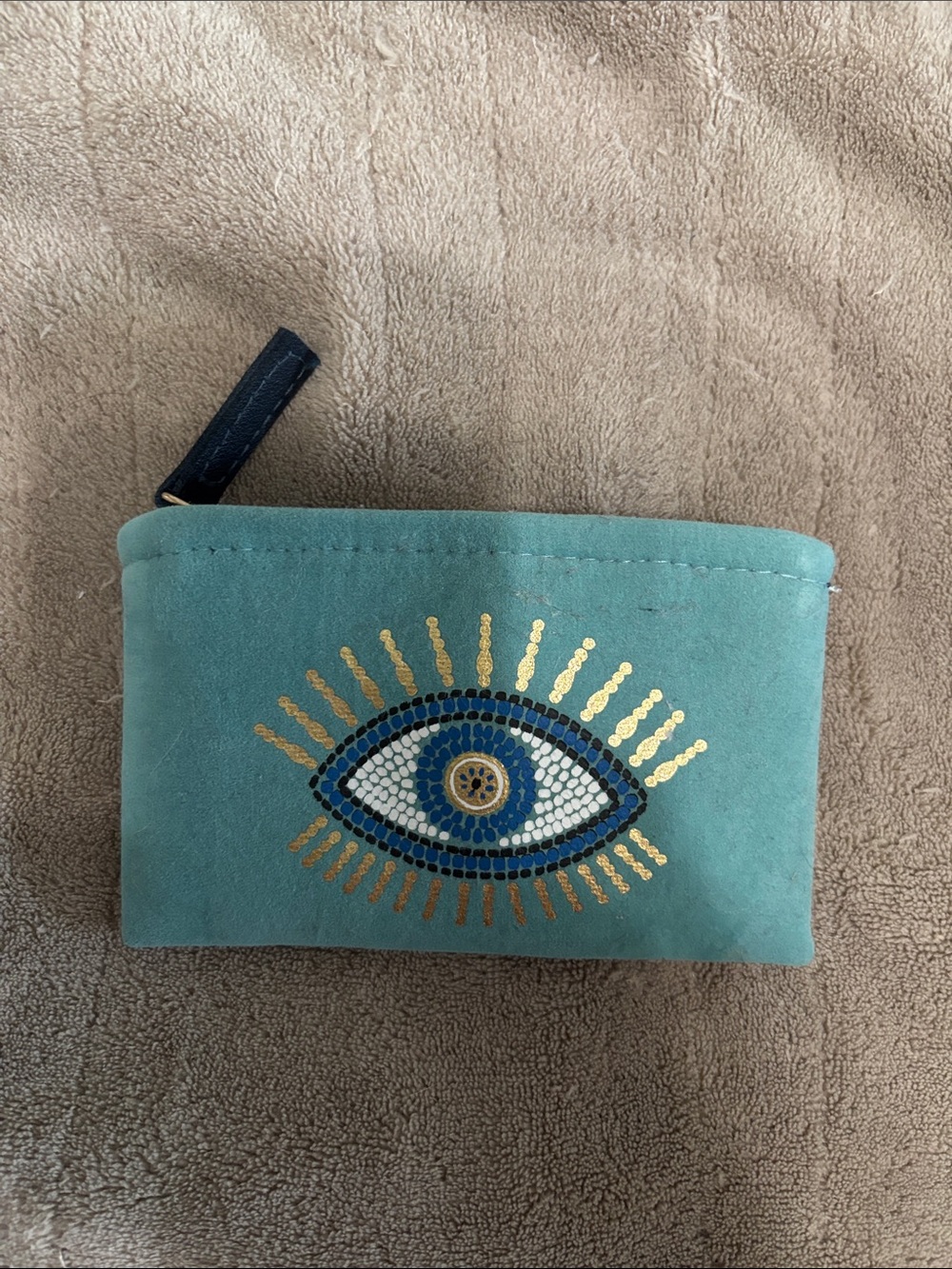 Teal Suede Evil Eye Zip Pouch - Gold Accent